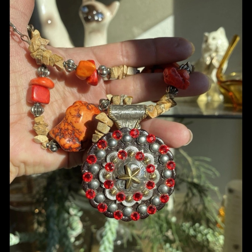 Red Silver Pendant Rhinestone Concho  Necklace Chunky Stone Leather Signed